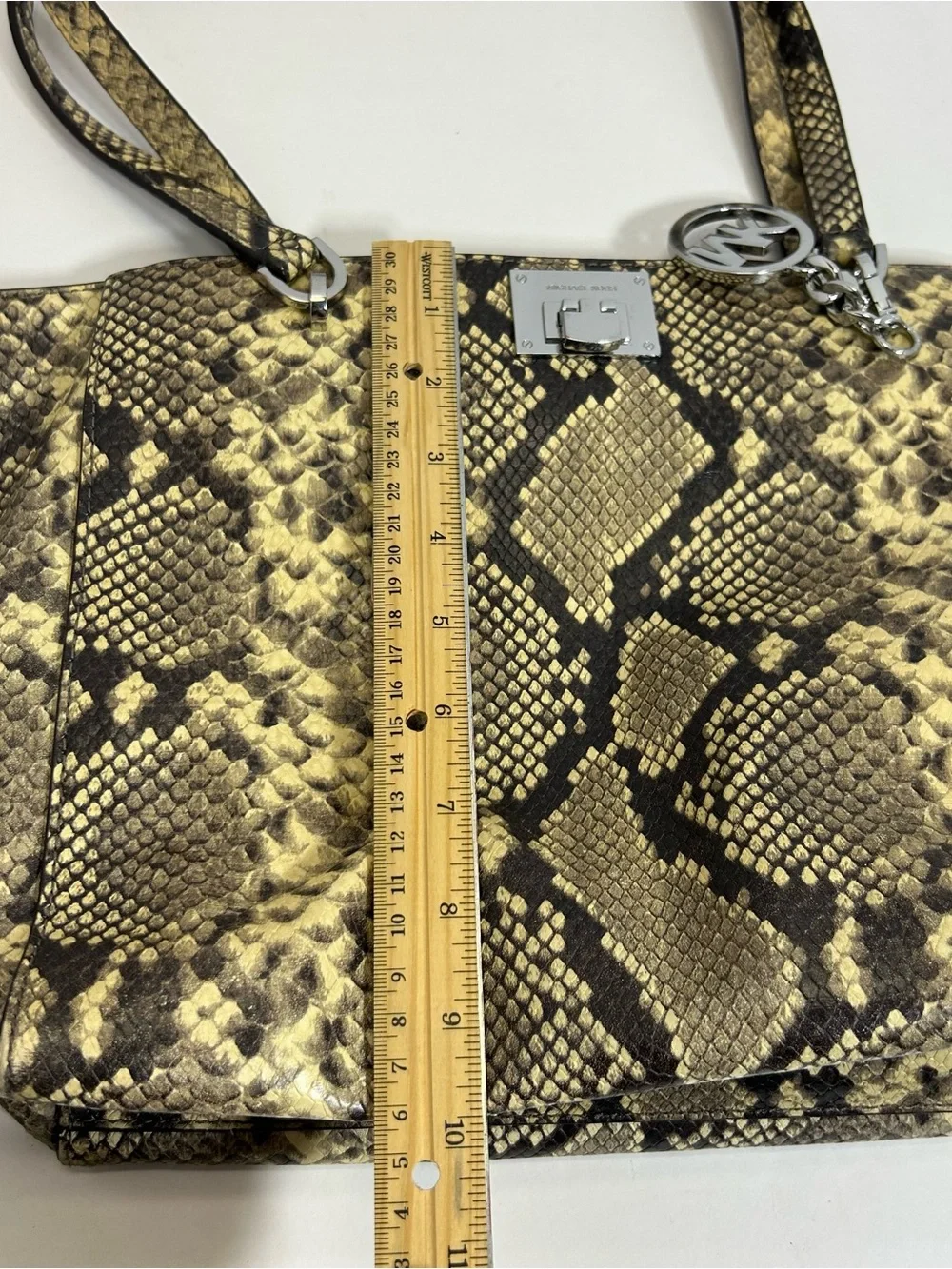 Michael Kors Snake-Print Leather Tote Doible Handle Shoulder Bag Purse Black Tan